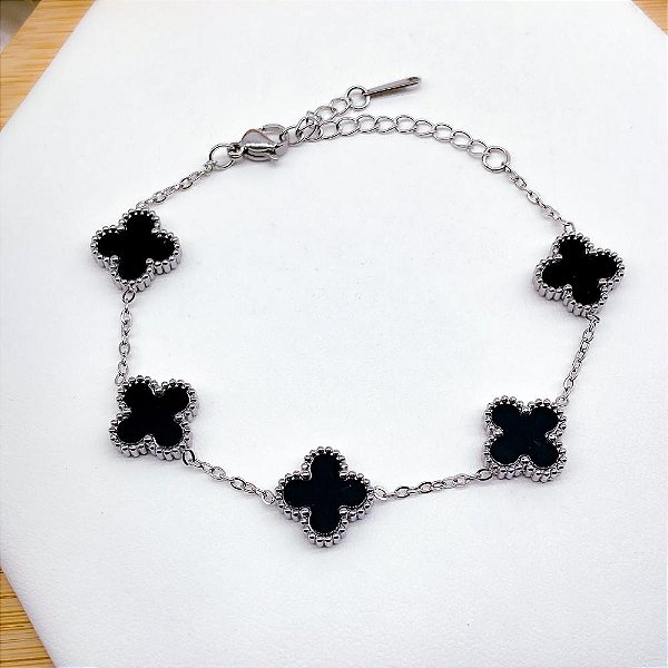 PULSEIRA AÇO INOX TREVO PRATEADA - PRETO