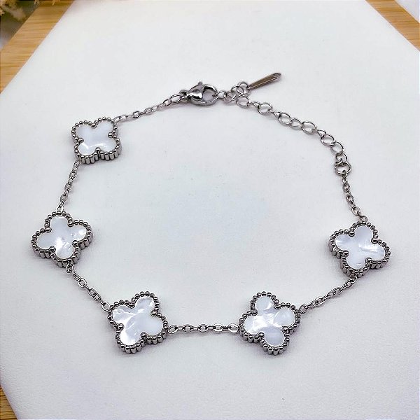 PULSEIRA AÇO INOX TREVO PRATEADA - MADREPÉROLA