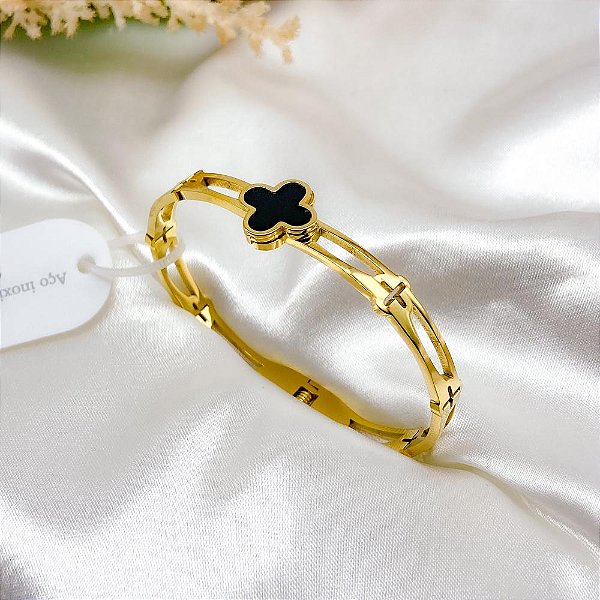 BRACELETE AÇO INOX  TREVO PRETO - DOURADO