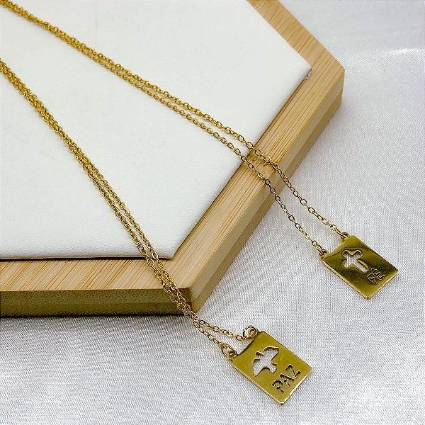 ESCAPULÁRIO DE AÇO INOXIDÁVEL DOURADO 60 CM FÉ E PAZ