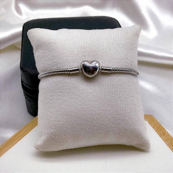 PULSEIRA AÇO INOX ESTILO PANDORA FECHO CORAÇÃO Nº18 - PRATEADA