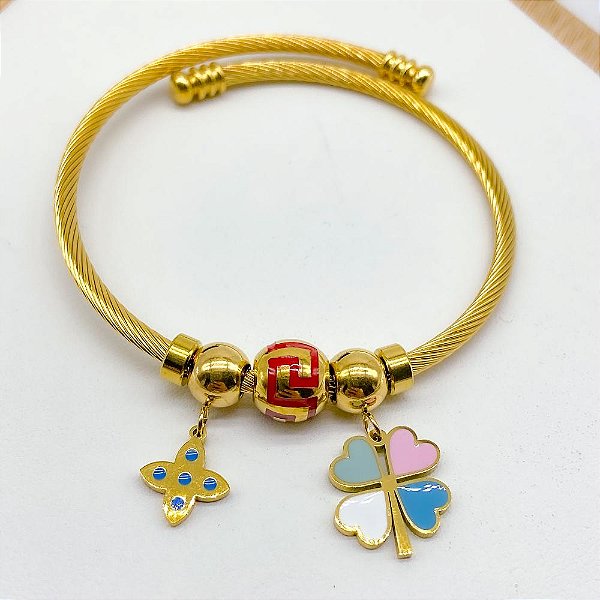 BRACELETE E BERLOQUES  EM AÇO INOX TREVO COLORIDO - DOURADO
