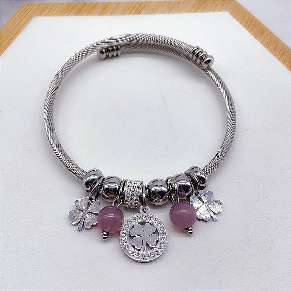 BRACELETE E BERLOQUES  EM AÇO INOX TREVO CRAVEJADO STRASS - PRATEADO