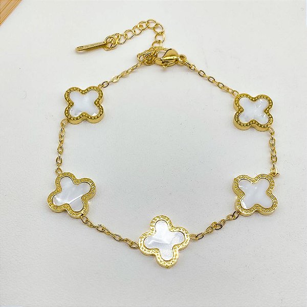 PULSEIRA AÇO INOX DOURADA - TREVO PEROLADO
