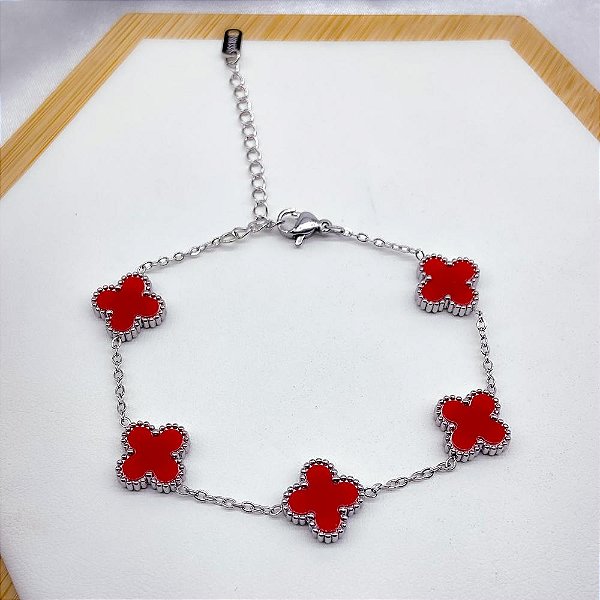 PULSEIRA AÇO INOX PRATEADA - TREVO VERMELHO