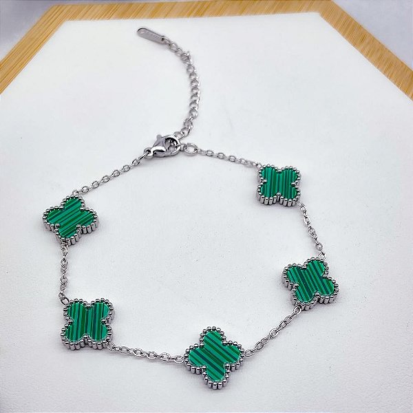 PULSEIRA AÇO INOX PRATEADA - TREVO VERDE