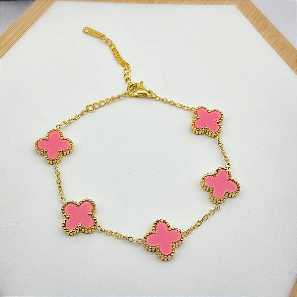 PULSEIRA AÇO INOX DOURADA - TREVO ROSA
