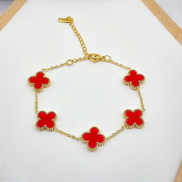 PULSEIRA AÇO INOX DOURADA - TREVO VERMELHO