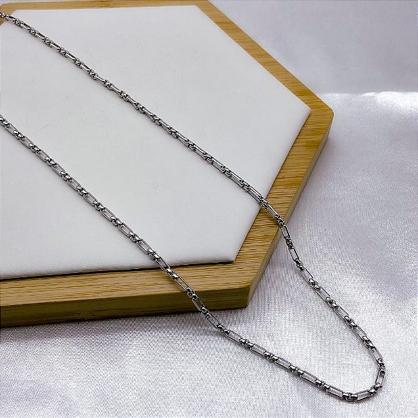 CORRENTE AÇO INOX 60 CM  ELOS COM DETALHES  - PRATEADO