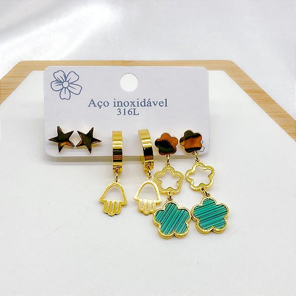 CARTELA TRIO BRINCOS AÇO INOXIDÁVEL TREVO VERDE - DOURADO