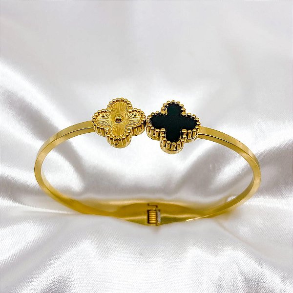 BRACELETE AÇO INOXIDÁVEL TREVO PRETO - DOURADO