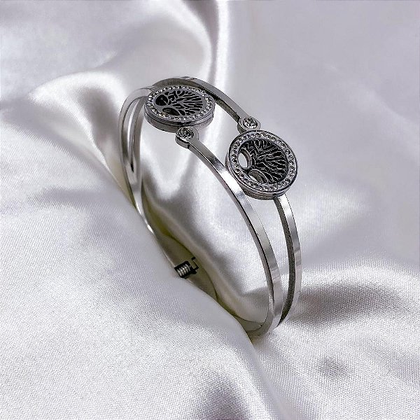 BRACELETE AÇO INOXIDÁVEL ÁRVORE DA VIDA CRAVEJADO STRASS - PRATEADO