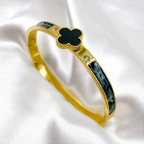 BRACELETE AÇO INOXIDÁVEL TREVO ESMALTADO DOURADO - PRETO