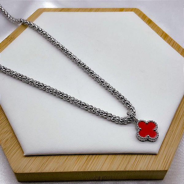 COLAR  AÇO INOX 45CM PINGENTE TREVO VERMELHO - PRATEADO