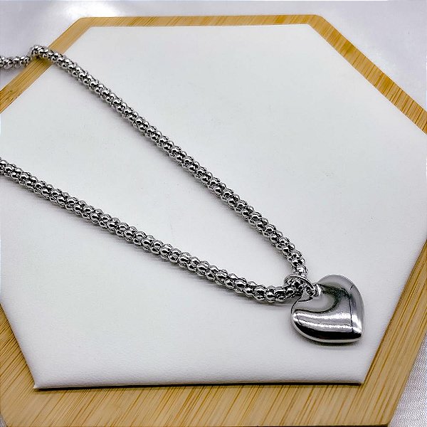 COLAR  AÇO INOX 45CM PINGENTE CORAÇÃO - PRATEADO
