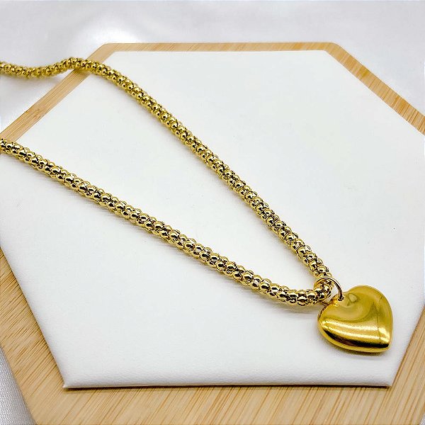 COLAR  AÇO INOX 45CM PINGENTE CORAÇÃO - DOURADO