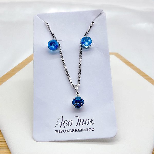 CONJUNTO COLAR E BRINCO AÇO INOX  PINGENTE REDONDO PEDRA AZUL - PRATEADO