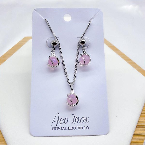 CONJUNTO COLAR E BRINCO AÇO INOX  PINGENTE GLOBO ROSA - PRATEADO