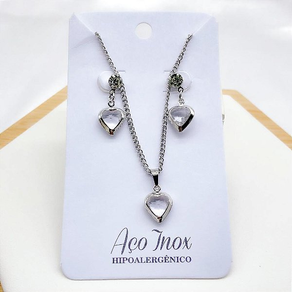 CONJUNTO COLAR E BRINCO AÇO INOX  PINGENTE CORAÇÃO CRISTAL - PRATEADO