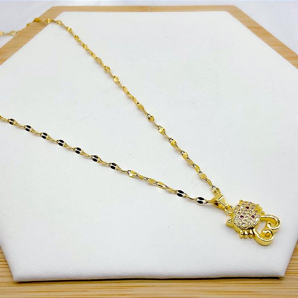 COLAR AÇO INOX 45CM PINGENTE BANHADO GATINHO CHINÊS CRAVEJADO STRASS - DOURADO