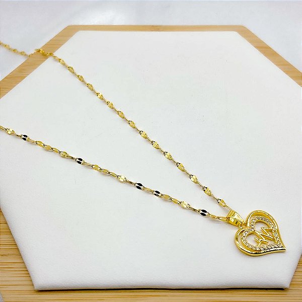 COLAR AÇO INOX 45CM PINGENTE BANHADO CORAÇÃO CRAVEJADO BATIMENTOS - DOURADO
