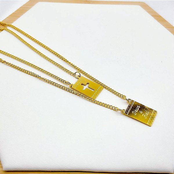ESCAPULÁRIO AÇO INOX 50CM DEUS É FIEL - DOURADO