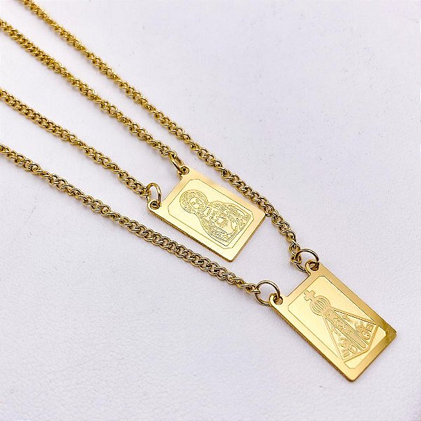 ESCAPULÁRIO AÇO INOX 50CM JESUS E NOSSA SENHORA - DOURADO