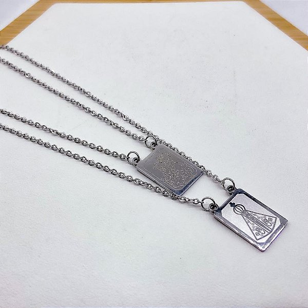ESCAPULÁRIO AÇO INOX 50CM NOSSA SENHORA E SÃO JORGE - PRATEADO