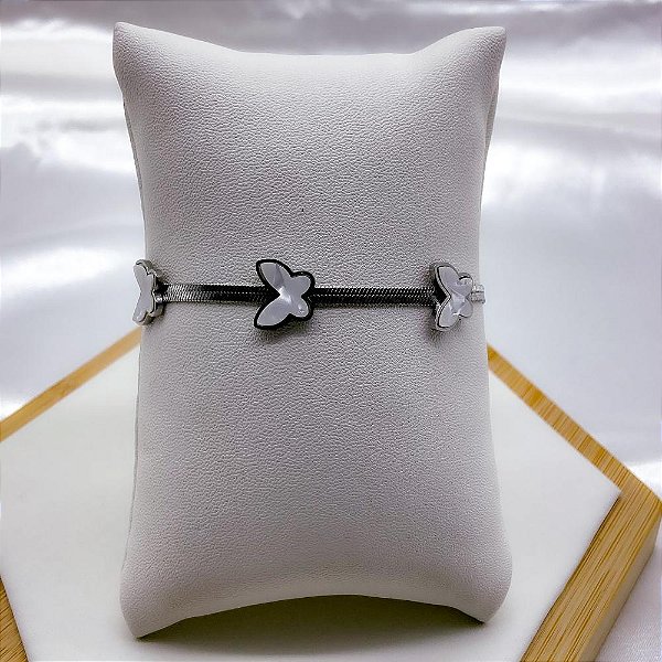 PULSEIRA AÇO INOX FITA MALHA BORBOLETA PEROLADA - PRATEADA
