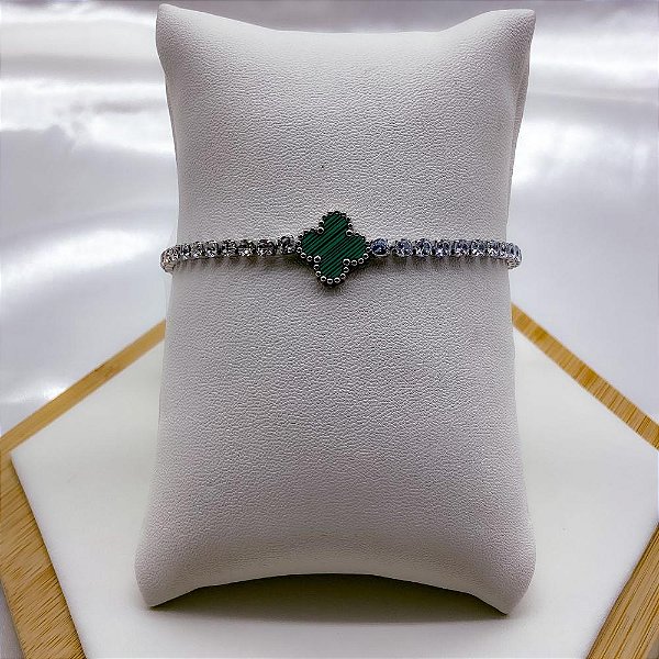 PULSEIRA AÇO INOX RIVIERA TREVO VERDE- PRATEADA