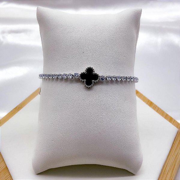 PULSEIRA AÇO INOX RIVIERA TREVO PRETO- PRATEADA