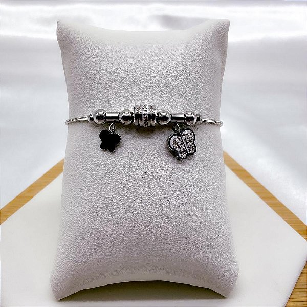 PULSEIRA COM BERLOQUES AÇO INOX  BORBOLETA CRAVEJADA STRASS - PRATEADA