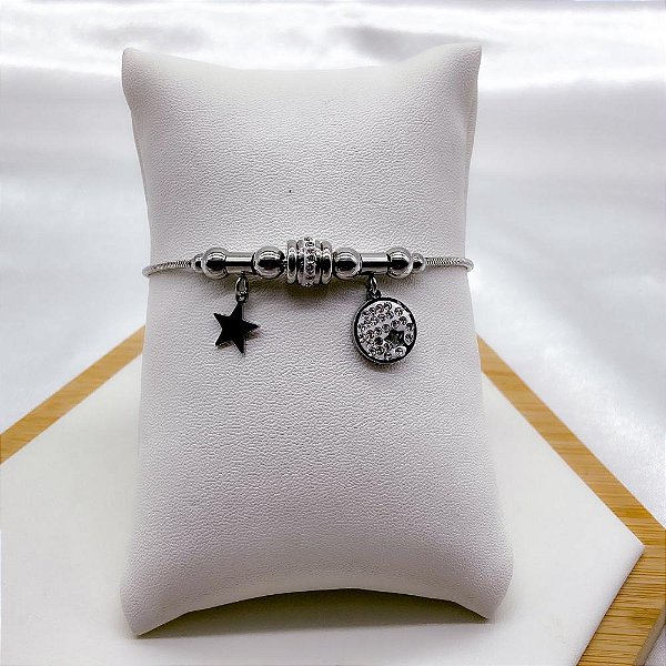 PULSEIRA COM BERLOQUES AÇO INOX  ESTRELA CRAVEJADA STRASS - PRATEADA