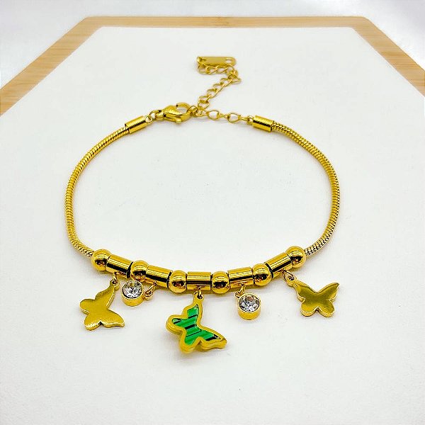 PULSEIRA COM BERLOQUES AÇO INOX  PONTO DE LUZ E BORBOLETA VERDE  - DOURADA
