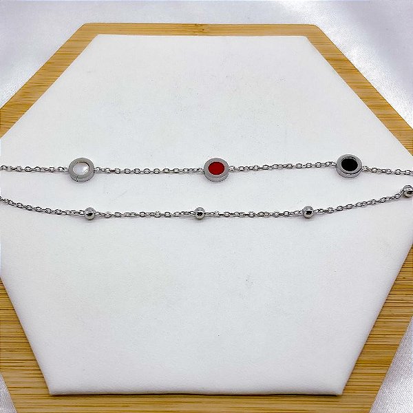 PULSEIRA DUPLA AÇO INOX BOLINHAS COLORIDA - PRATEADA