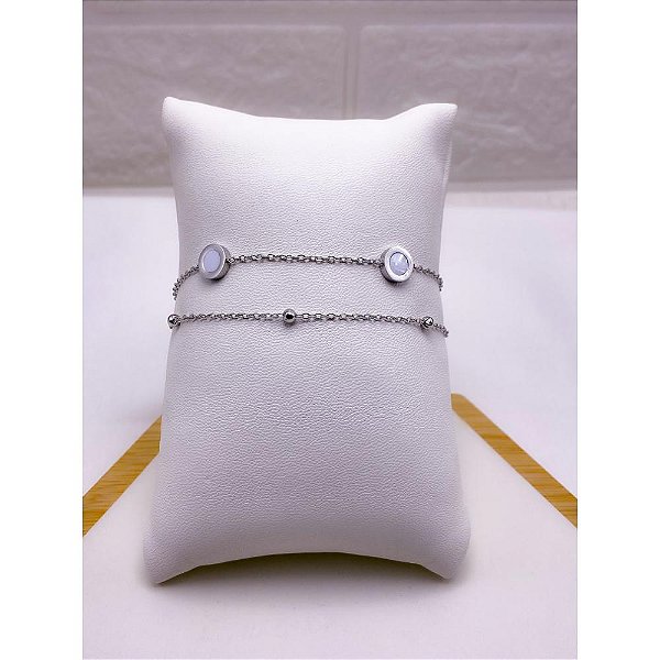 PULSEIRA DUPLA AÇO INOX BOLINHAS PEROLADA - PRATEADA