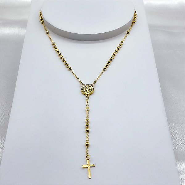 TERÇO BOLINHAS 60CM AÇO INOXIDÁVEL SÃO BENTO - DOURADO