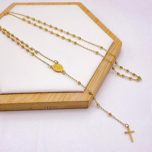 TERÇO BOLINHAS 60CM AÇO INOXIDÁVEL SÃO BENTO - DOURADO