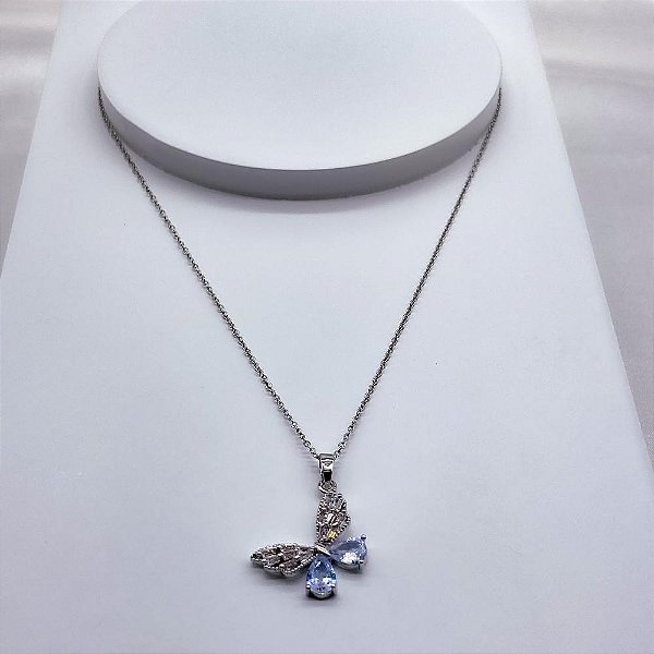 COLAR AÇO INOXIDÁVEL 45CM PINGENTE BORBOLETA PEDRA CRISTAL - PRATEADO