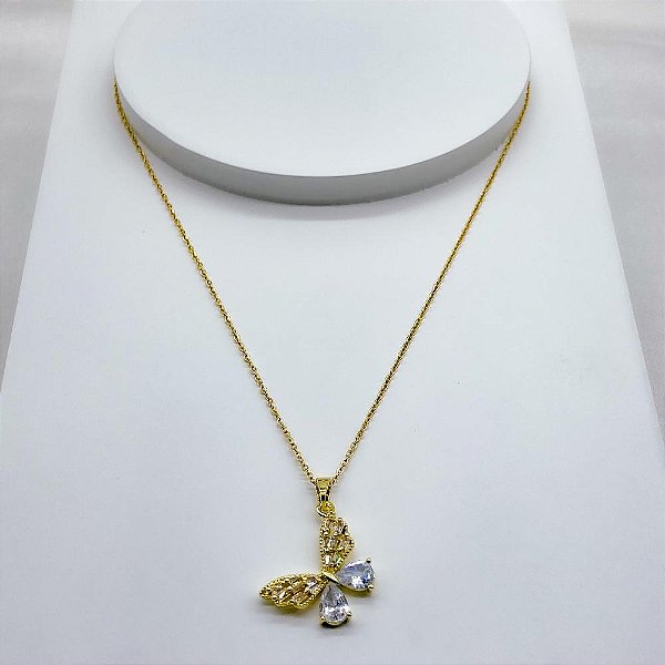COLAR AÇO INOXIDÁVEL 45CM PINGENTE BORBOLETA PEDRA CRISTAL - DOURADO