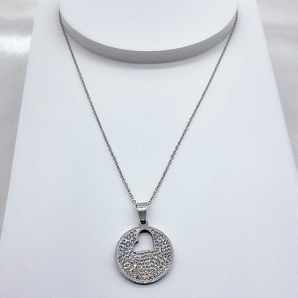 COLAR AÇO INOXIDÁVEL 45CM PINGENTE CORAÇÃO VAZADO CRAVEJADO STRASS - PRATEADO