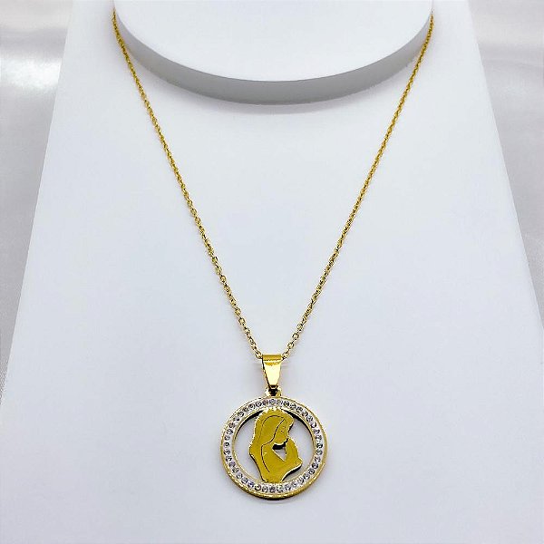 COLAR AÇO INOXIDÁVEL 45CM PINGENTE NOSSA SENHORA CRAVEJADO STRASS - DOURADA
