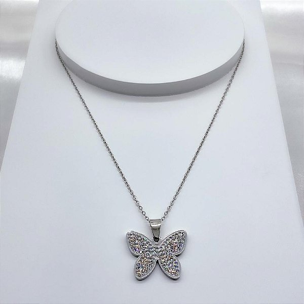 COLAR AÇO INOXIDÁVEL 45CM PINGENTE BORBOLETA CRAVEJADO STRASS - PRATEADO
