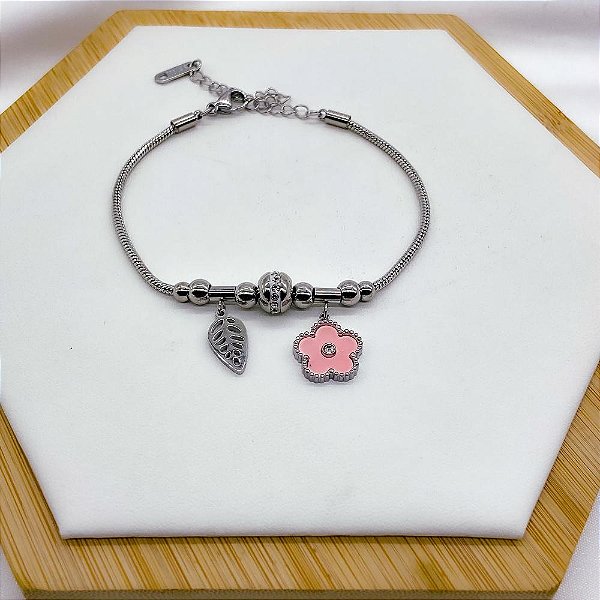 PULSEIRA COM BERLOQUES AÇO INOX  PONTO DE LUZ E FLOR ROSA  - PRATEADA
