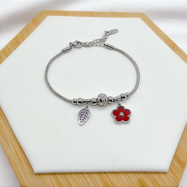 PULSEIRA COM BERLOQUES AÇO INOX  PONTO DE LUZ E FLOR VERMELHA  - PRATEADA