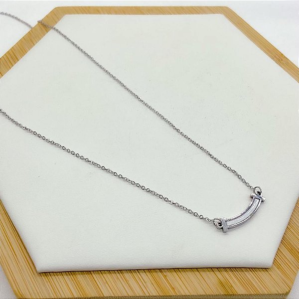 COLAR AÇO INOXIDÁVEL 45CM PINGENTE MADREPÉROLA - PRATEADO
