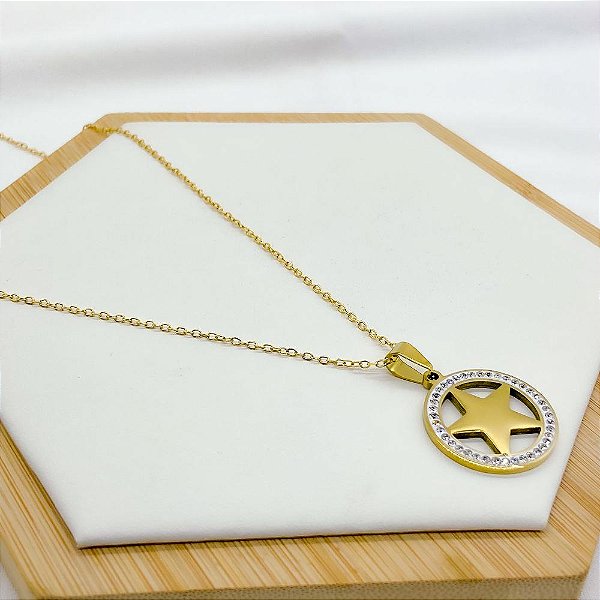 COLAR AÇO INOXIDÁVEL 45CM PINGENTE ESTRELA DE DAVI CRAVEJADO STRASS - DOURADO