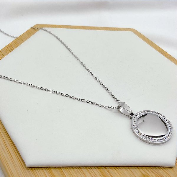 COLAR AÇO INOXIDÁVEL 45CM PINGENTE CORAÇÃO CRAVEJADO STRASS - PRATEADO