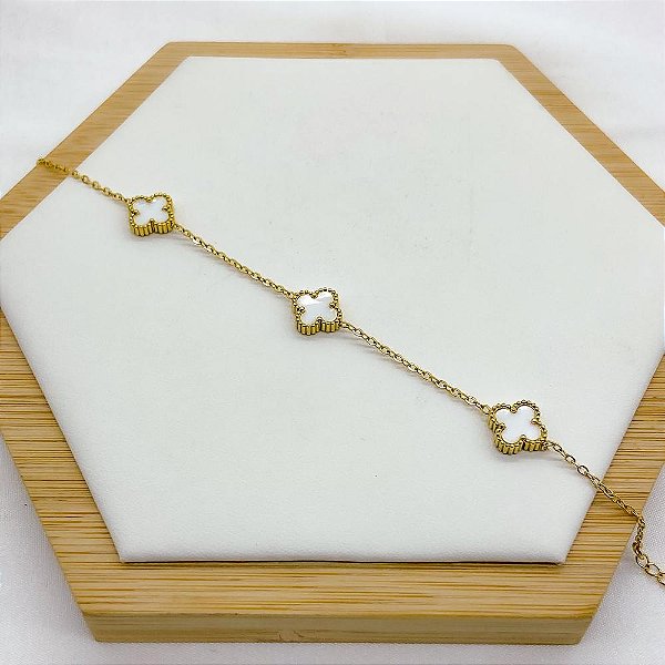 PULSEIRA  AÇO INOX TREVO PEQUENO PEROLADA - DOURADA