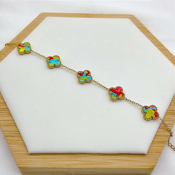 PULSEIRA  AÇO INOX TREVO COLORIDA - DOURADA